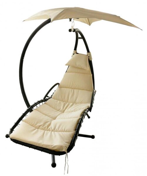 Balansoar tip Sezlong cu Umbrela, Saltea si Perinita Confortabile, Cadru Metalic, Culoare Negru/bej