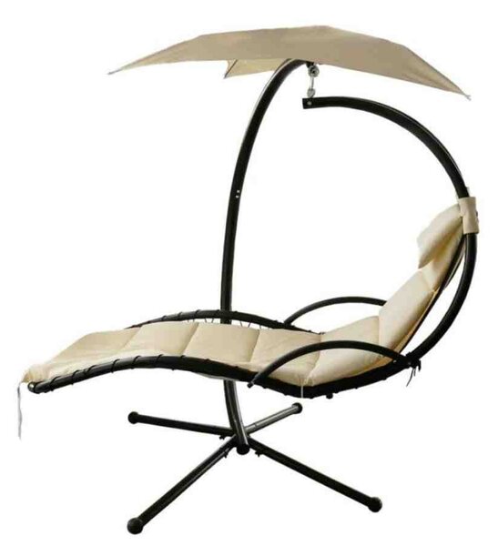 Balansoar tip Sezlong cu Umbrela, Saltea si Perinita Confortabile, Cadru Metalic, Culoare Negru/bej