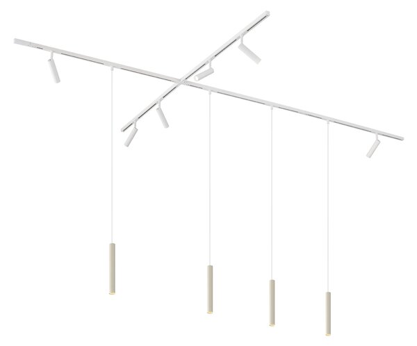 Sistem modern de iluminat pe șine cu 6 spoturi și 4 pendule bej și alb, monofazat - Slimline Uzzy Keno