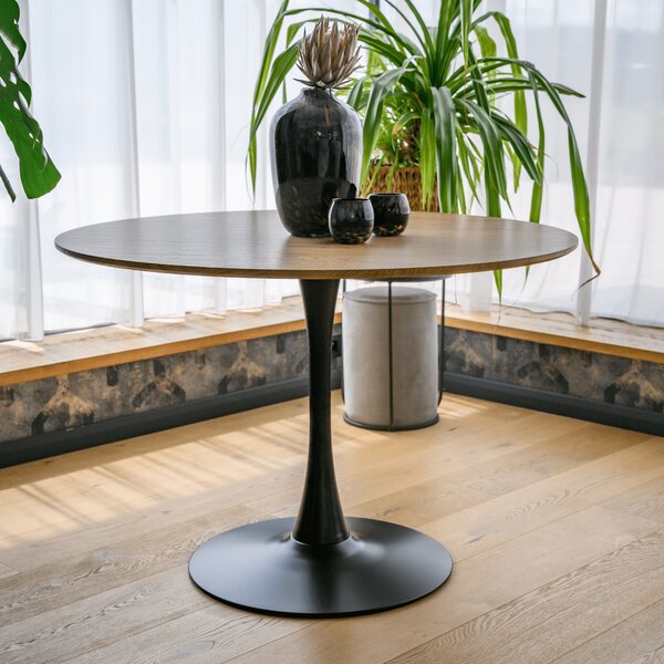KONDELA Masă de sufragerie, rotundă, stejar/negru, diametru 110 cm, REVENTON NEW