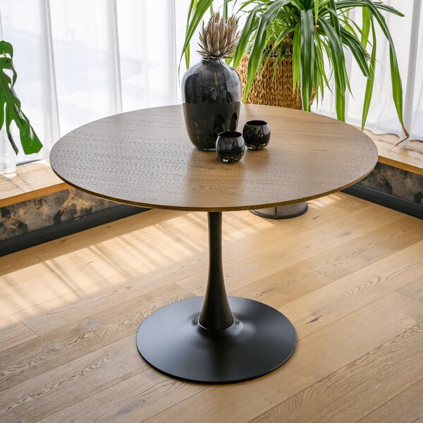KONDELA Masă de sufragerie, rotundă, stejar/negru, diametru 110 cm, REVENTON NEW
