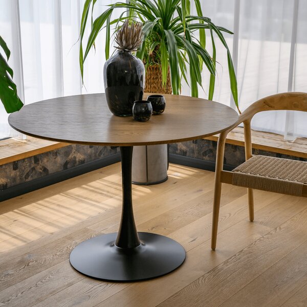 KONDELA Masă de sufragerie, rotundă, stejar/negru, diametru 110 cm, REVENTON NEW