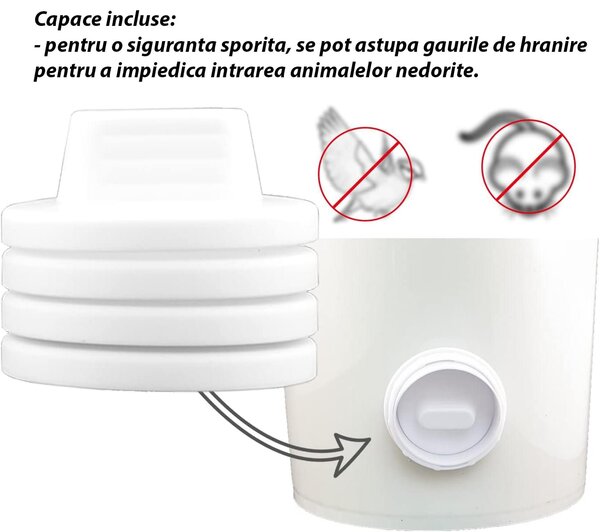 Hranitoare pentru pasari de curte - set 4 guri hranire, carota gaurire inclusa - anti-risipă, antiumezeală și protecție împotriva insectelor și rozătoarelor