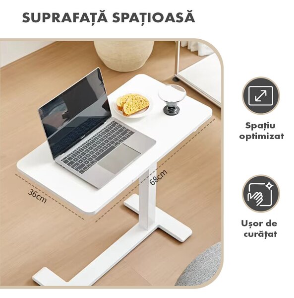 Masă ajustabilă pentru laptop cu roți – reglabilă pe Înălțime (65-90 cm), blat mdf 68x36 cm, mobilă pentru pat și canapea, onuvio® - alb