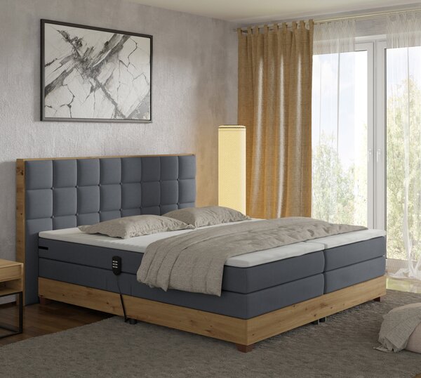 KONDELA Pat electric reglabil, boxspring, gri închis/stejar artizanal, 180x200, TIANA