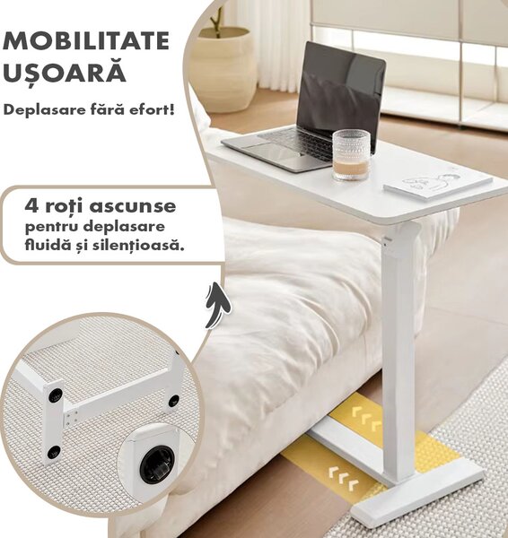 Masă ajustabilă pentru laptop cu roți – reglabilă pe Înălțime (65-90 cm), blat mdf 68x36 cm, mobilă pentru pat și canapea, onuvio® - alb