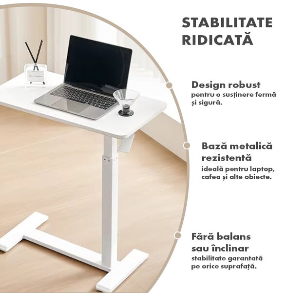 Masă ajustabilă pentru laptop cu roți – reglabilă pe Înălțime (65-90 cm), blat mdf 68x36 cm, mobilă pentru pat și canapea, onuvio® - alb
