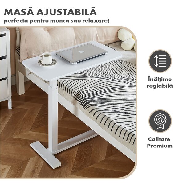 Masă ajustabilă pentru laptop cu roți – reglabilă pe Înălțime (65-90 cm), blat mdf 68x36 cm, mobilă pentru pat și canapea, onuvio® - alb