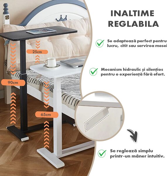 Masă ajustabilă pentru laptop cu roți – reglabilă pe Înălțime (65-90 cm), blat mdf 68x36 cm, mobilă pentru pat și canapea, onuvio® - alb
