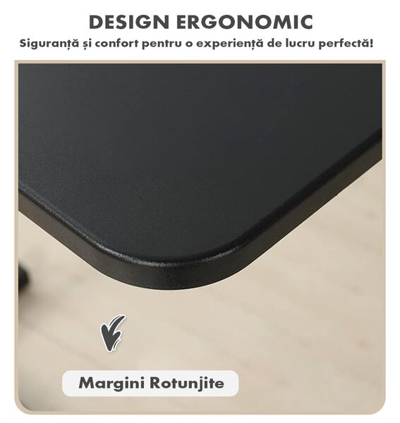 Masă ajustabilă pentru laptop cu roți – reglabilă pe Înălțime (65-90 cm), blat mdf 68x36 cm, mobilă pentru pat și canapea, onuvio® - negru
