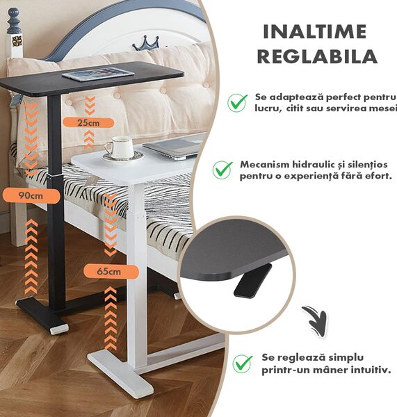 Masă ajustabilă pentru laptop cu roți – reglabilă pe Înălțime (65-90 cm), blat mdf 68x36 cm, mobilă pentru pat și canapea, onuvio® - negru