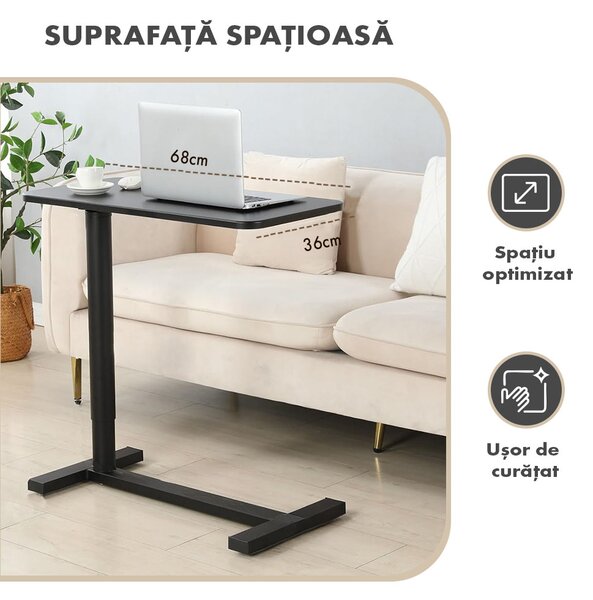 Masă ajustabilă pentru laptop cu roți – reglabilă pe Înălțime (65-90 cm), blat mdf 68x36 cm, mobilă pentru pat și canapea, onuvio® - negru