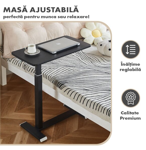 Masă ajustabilă pentru laptop cu roți – reglabilă pe Înălțime (65-90 cm), blat mdf 68x36 cm, mobilă pentru pat și canapea, onuvio® - negru