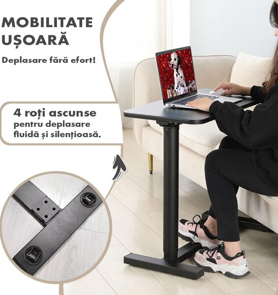Masă ajustabilă pentru laptop cu roți – reglabilă pe Înălțime (65-90 cm), blat mdf 68x36 cm, mobilă pentru pat și canapea, onuvio® - negru