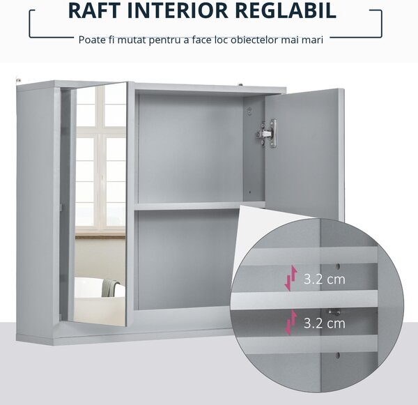 Dulapior de Baie de Perete cu Usa Dubla din Sticla cu Raft Reglabil, Gri,48x14.5x45cm HOMCOM | Aosom Romania