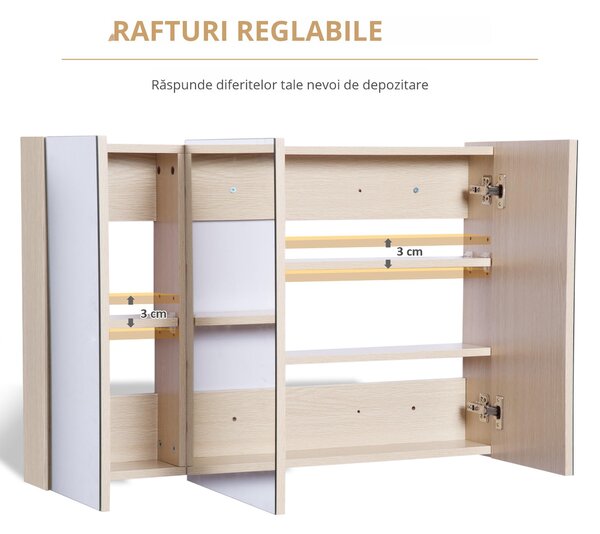 Kleankin Dulăpior de Perete pentru Baie, Mobilă cu 3 Uși cu Oglindă, 90x60x13,5 cm, Lemn | Aosom Romania
