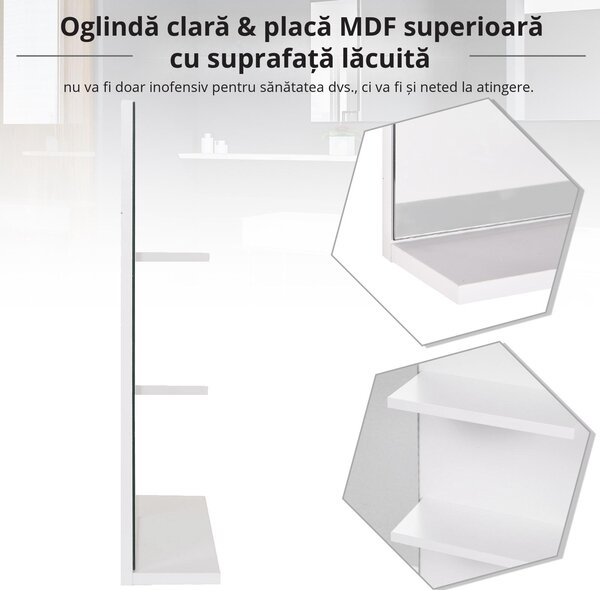 Kleankin Dulap Oglindă Baie cu 3 Rafturi Spațiu Depozitare MDF Alb 60x10x48cm | Aosom Romania
