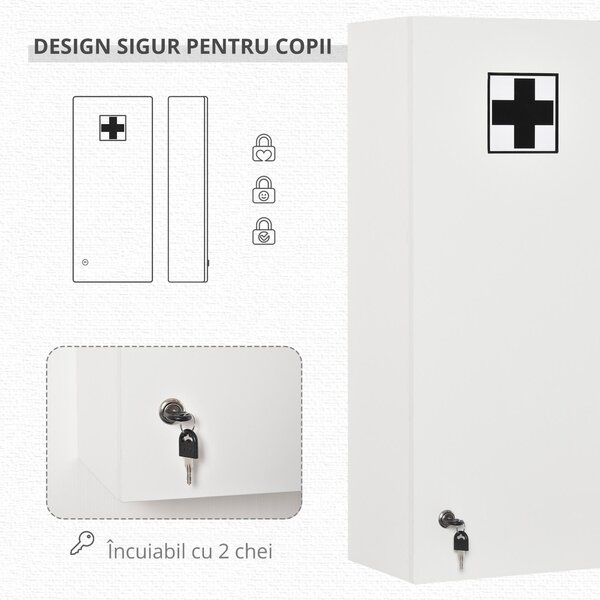 Dulapior de Perete pentru Medicamente cu Încuietoare, 5 Niveluri si Rafturi Reglabile, din Lemn si Sticla, Alb 30x20x70cm Kleankin | Aosom Romania