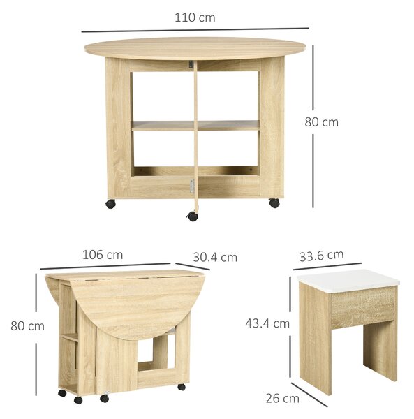 Set dining 4 persoane HOMCOM, masa de bucatarie cu extensie plianta, rotile, 4 scaune, culoare stejar | Aosom RO