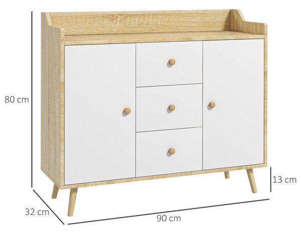 HOMCOM Comodă cu 3 Sertare și 2 Dulapuri cu Rafturi, Bufet Modern din PAL și Lemn de Pin, 90x32x80 cm, Alb | Aosom Romania