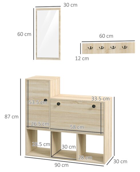 HOMCOM Mobilier pentru Hol cu Depozitare pentru 9 Perechi de Pantofi, Oglindă, Dulap, Rafturi și 4 Cârlige, 90x30x87 cm, Lemn Natural | Aosom Romania