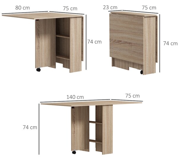 HOMCOM Masă Pliabilă Multifuncțională, Rafturi și Rotile, Bucătărie, Design Compact | Aosom Romania