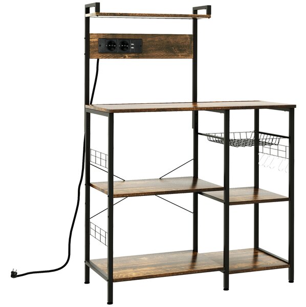 HOMCOM Raft de Bucatarie cu Prize Mutiple, Dulap Bucatarie pentru Microunde cu Rafturi si Cos din Sarma Stil Industrial, 90x42x130cm, Maro