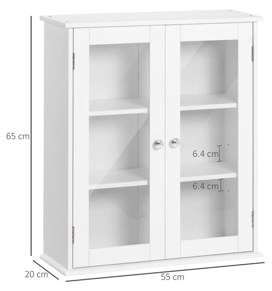 Kleankin Dulap de Baie Suspendat cu 2 Uși din Lemn și Sticlă, Dulap de Perete Multifuncțional, 55x20x65 cm, Alb | Aosom Romania