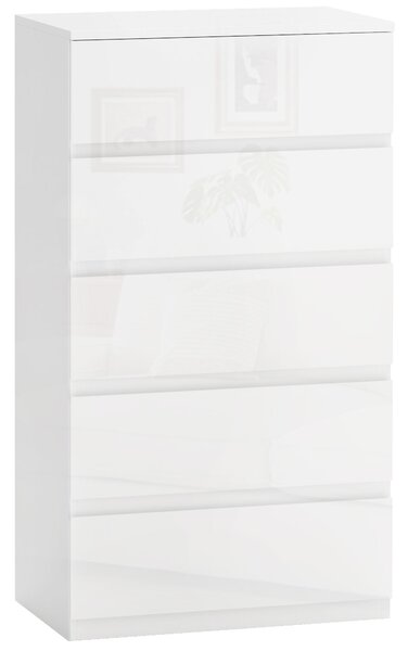 HOMCOM Comodă, Modernă și Anti-răsturnare, Dulap de Depozitare cu 5 Sertare din Pal Melaminat, 55x33x100 cm, Alb Lucios | Aosom Romania