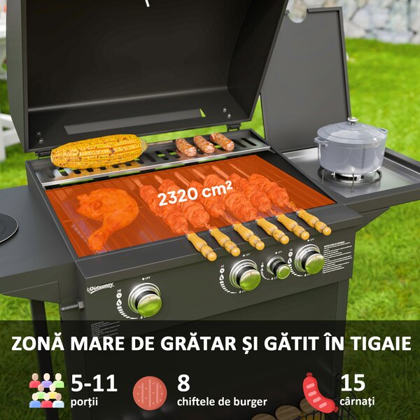 Outsunny Grătar pe Gaz cu Arzătoare Independente 3+1, Capac, Termometru și Măsuță Laterală, 123x57x98 cm, Negru | Aosom Romania