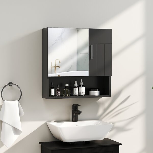 Kleankin Dulap cu Oglindă pentru Baie 2 Uși și Raft Deschis 54x15.2x55.3 cm Negru | Aosom Romania