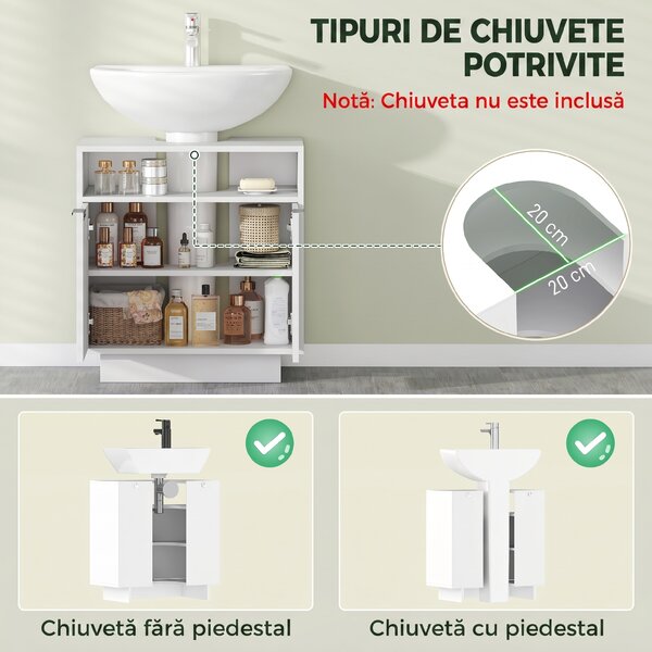 HOMCOM Dulap de Baie Sub Chiuvetă cu Raft Interior Ajustabil Alb | Aosom Romania