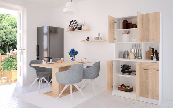 KONDELA Dulap de bucătărie cu şase uşi, alb/stejar sonoma, PELION NEW