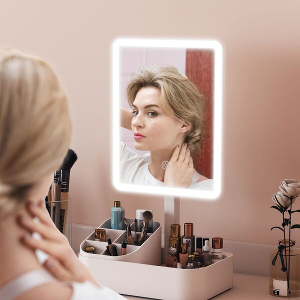 HOMCOM Oglindă Machiaj cu LED-uri, Oglindă Vanity Reîncărcabilă cu Ecran Touch, 2 Moduri de Iluminare și Rotire 180°, Alb | Aosom Romania