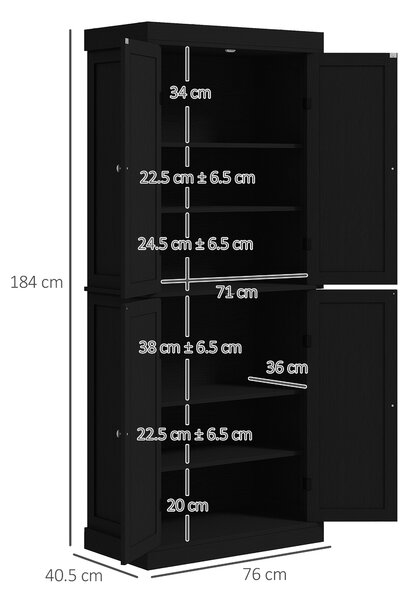 HOMCOM Dulap Înalt de Bucătărie cu 6 Rafturi și 2 Uși, Dulap cu Rafturi Reglabile din Lemn, 76x40,5x184 cm, Alb | Aosom Romania