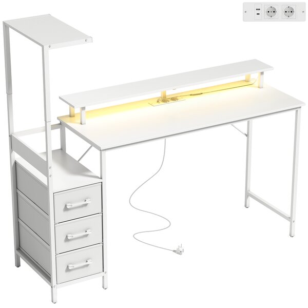 HOMCOM Birou Gaming cu Suport CPU Reglabil Reversibil și LED, 147x47 cm, Stație de Încărcare, Suport Monitor, 3 Sertare din Material Textil, pentru Acasă, Birou sau Studio, Alb | Aosom Romania