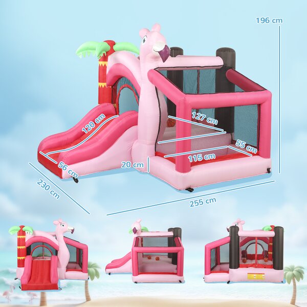 AIYAPLAY Castel Gonflabil pentru Copii 4 în 1, Tobogan, Trambulină, Piscină cu Bile, Coș de Baschet, Mingi de Baschet, Tematică Flamingo, Ventilator, Geantă de Transport, Interior Exterior, 255x230x196cm, Roz | Aosom Romania
