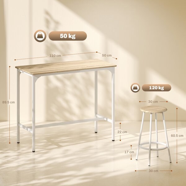 HOMCOM Set de Dining 5 Piese cu Bar 110x50x89,5 cm și Scaune Ø30x60,5 cm din Lemn și Metal Nuanță Lemn | Aosom Romania