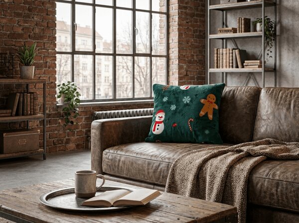 Fata de perna din microplus SNOWMAN AND GINGERBREAD 45x45 cm, verde