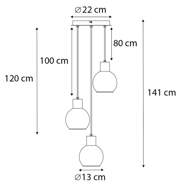 Lampă suspendată Art Deco neagră cu sticlă fumurie rotundă cu 3 lumini - Vidro