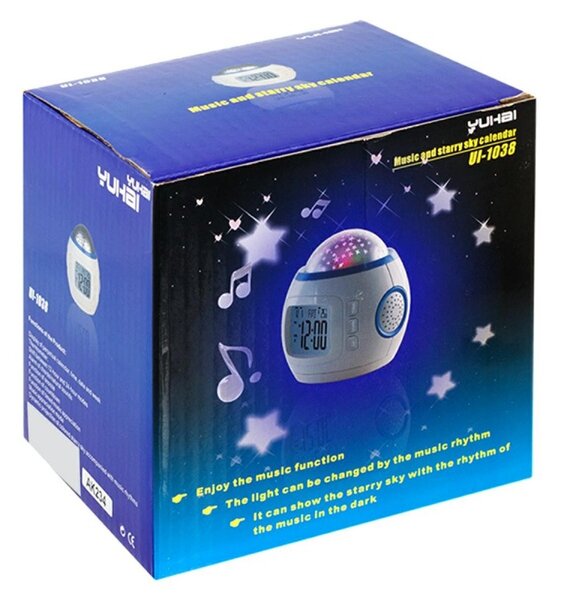 Ceas desteptator cu proiector, temporizator, alarma, 10 melodii, 118 g, 9 x 8 x 10,2 cm, alb