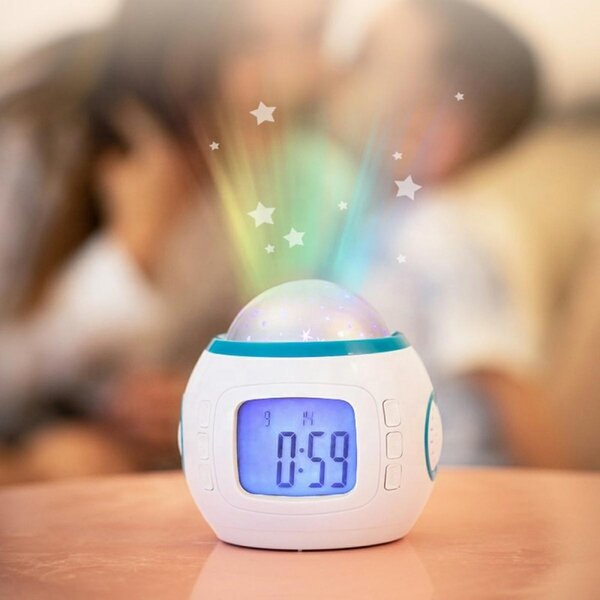 Ceas desteptator cu proiector, temporizator, alarma, 10 melodii, 118 g, 9 x 8 x 10,2 cm, alb