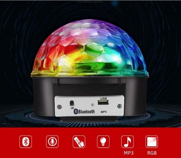 Proiector LED RGB, 6 leduri, intrare USB, MP3, 2 difuzoare stereo, 50Hz, 18W, 230V, 18 x 16cm, negru
