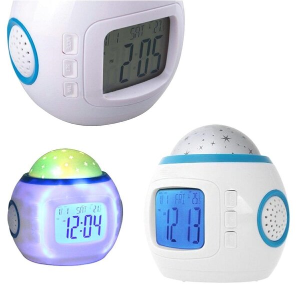 Ceas desteptator cu proiector, temporizator, alarma, 10 melodii, 118 g, 9 x 8 x 10,2 cm, alb
