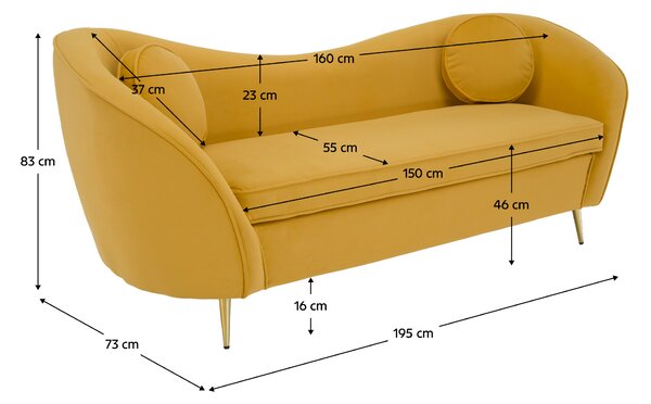 KONDELA Canapea cu 3 locuri de design, ţesătură Velvet galbenă/gold crom auriu, EZIO TYP 3