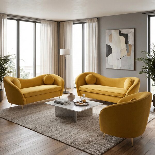 KONDELA Canapea cu 3 locuri de design, ţesătură Velvet galbenă/gold crom auriu, EZIO TYP 3