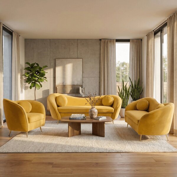 KONDELA Canapea cu 3 locuri de design, ţesătură Velvet galbenă/gold crom auriu, EZIO TYP 3