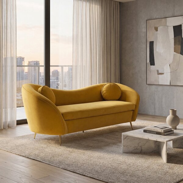 KONDELA Canapea cu 3 locuri de design, ţesătură Velvet galbenă/gold crom auriu, EZIO TYP 3