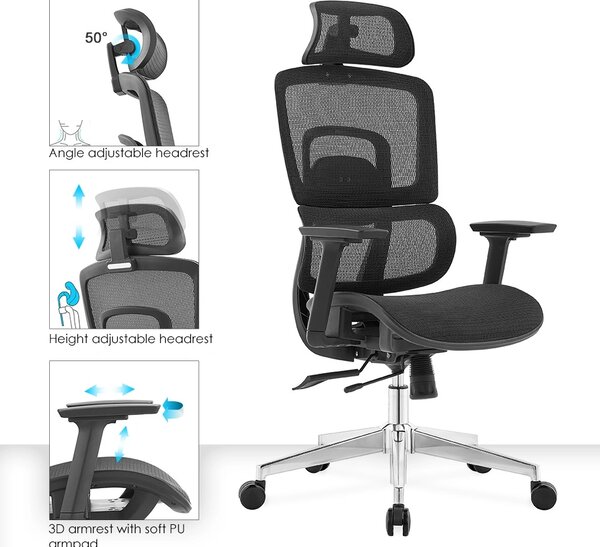 Ergodynamic Gary H - Scaun de birou - Full mesh - black, translatie sezut, brate 3D