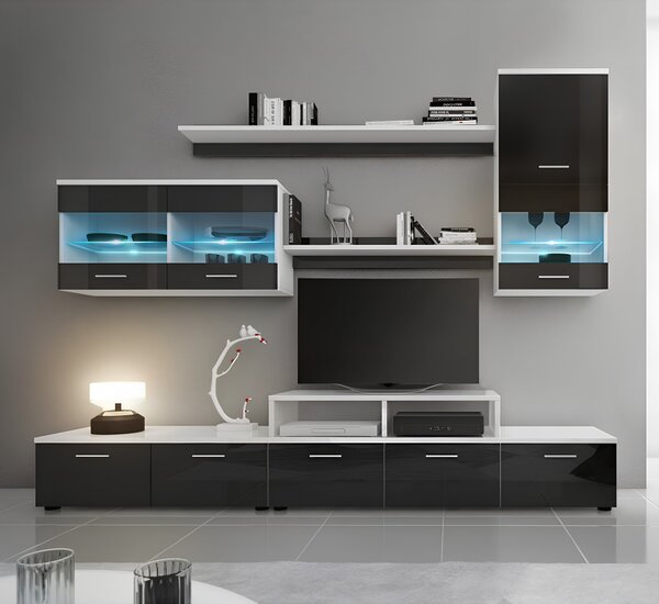 KONDELA Mobilier living, alb/extra strălucire neagră HG, LEO